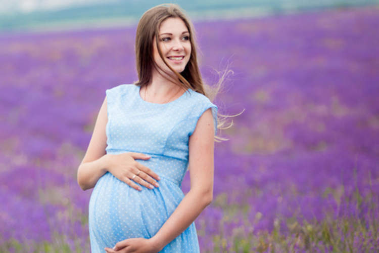 Pregnant woman in lavender field.