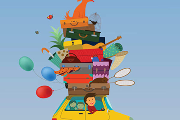 Cartoon family traveling with car piled high with bags.