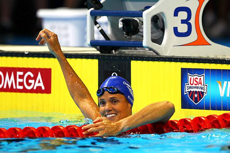 Dara Torres celebrates after she competed in the second semi final heat of the Women's 50 m Freestyle during Day Seven of the 2012 U.S. Olympic Swimming Team Trials.