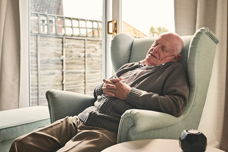 Senior man napping in a chair during the day.