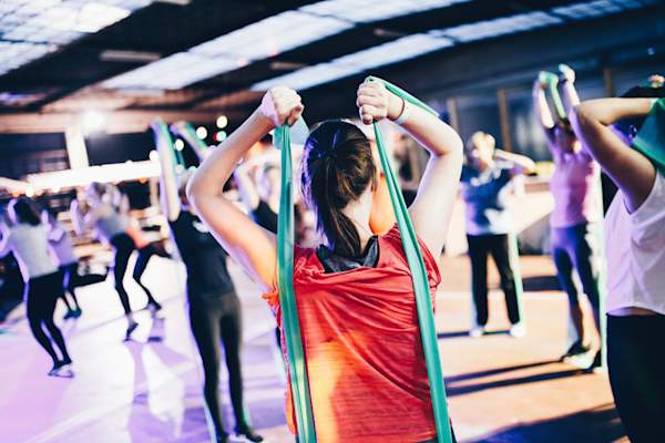 exercise class using resistance bands