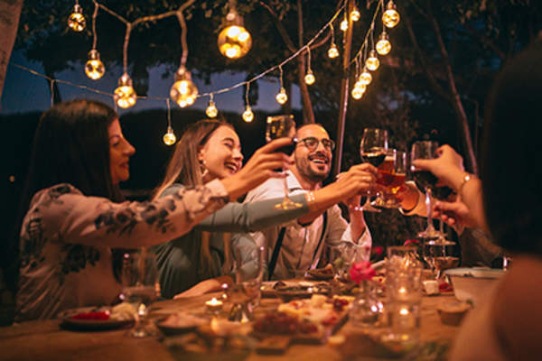 Friends toasting at dinner.