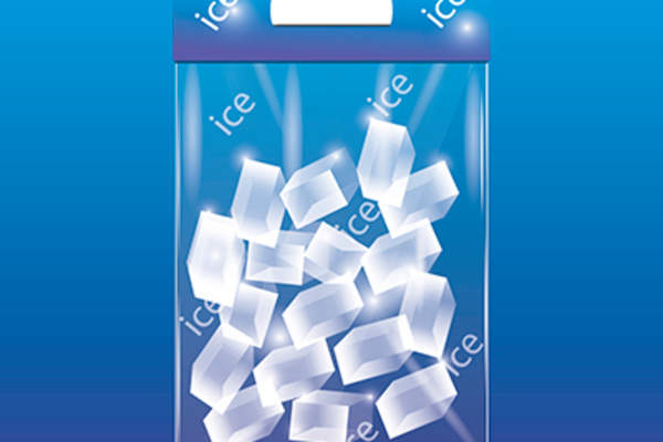 Cartoon reusable plastic bag with ice.