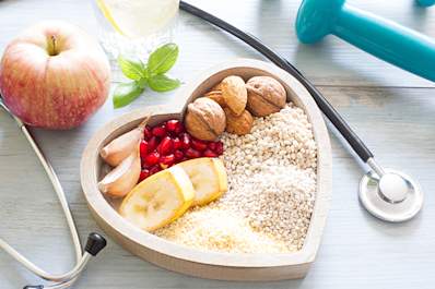 Heart healthy foods in a heart shaped bowl.