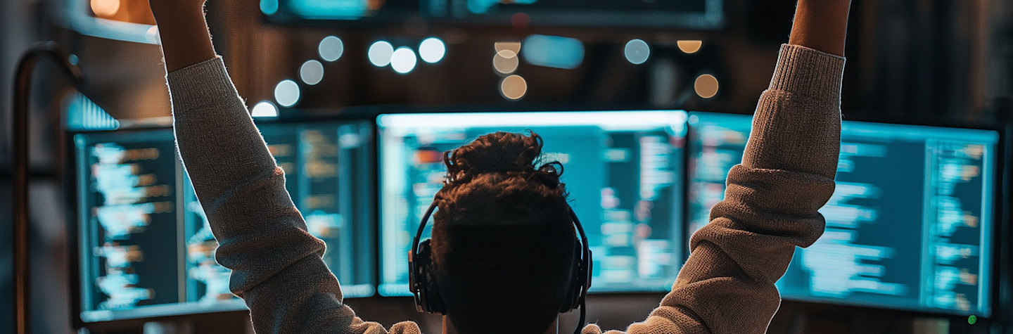 Happy programmer sitting at his workplace, seen from behind his back.