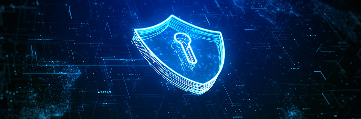 Virtual blue shield with keyhole, safe internet concept.