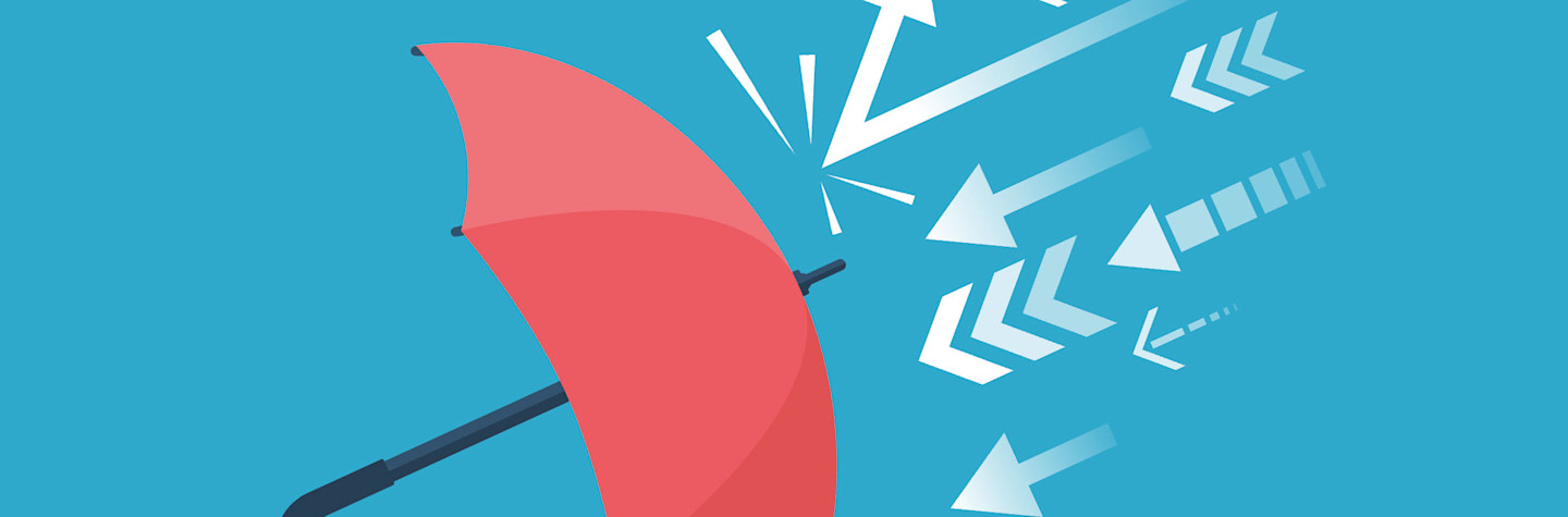 Illustratie van een rode paraplu op lichtblauwe achtergrond die pijlen afweert.