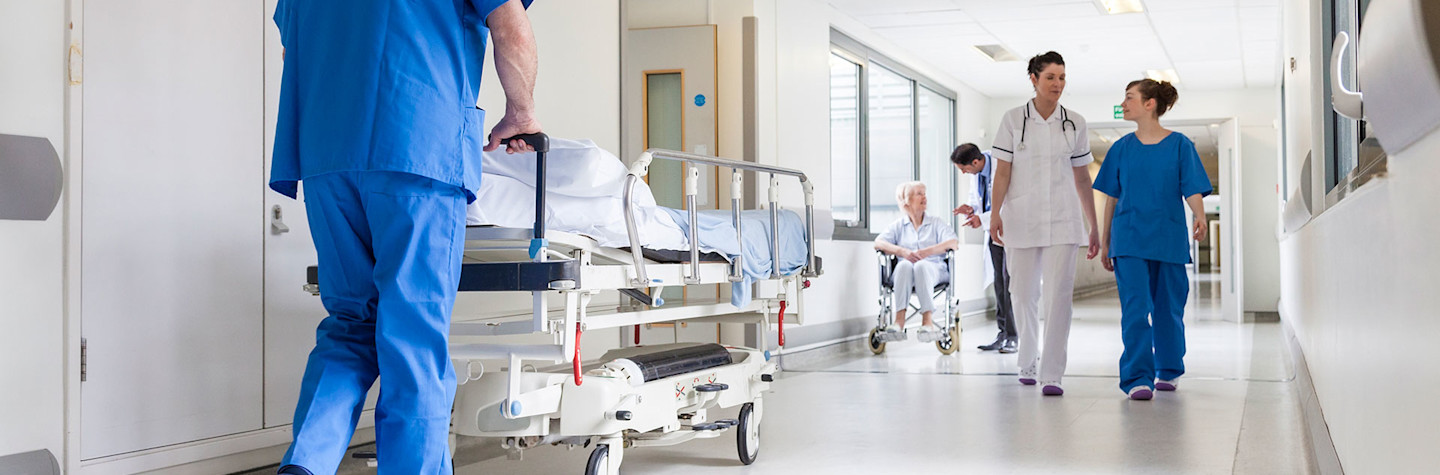 Nursing staff in a hospital hallway