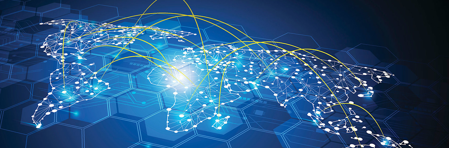 Digitized world map with network connections between different locations.