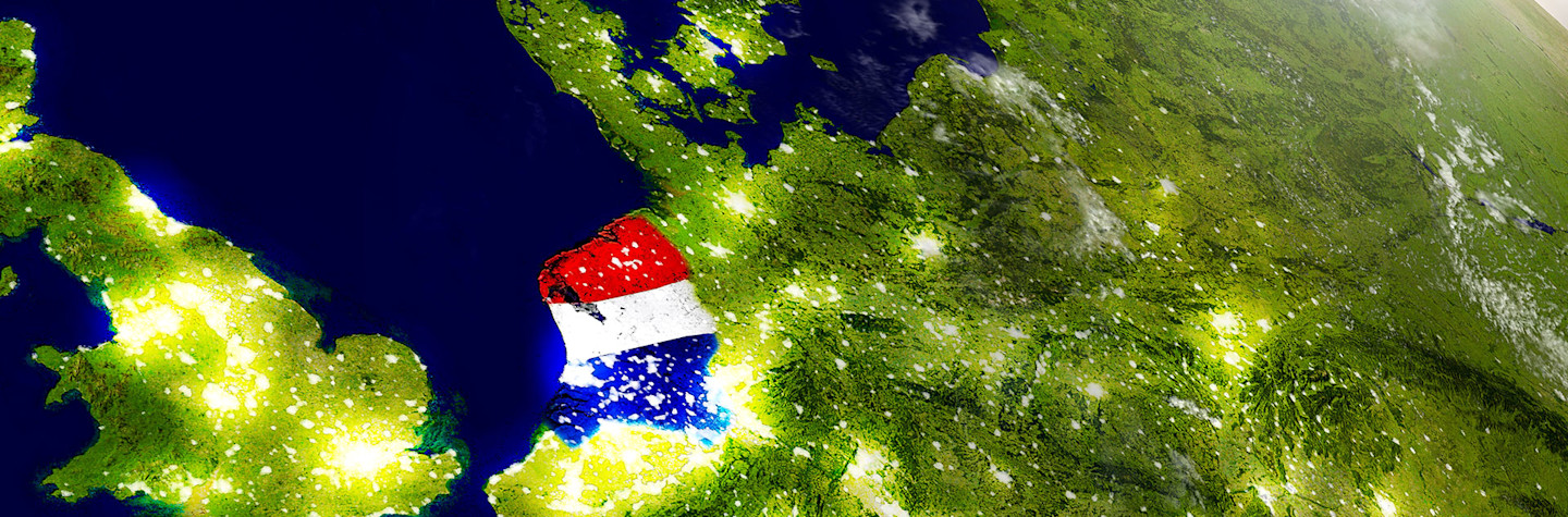 Europe on the globe, where the Netherlands is colored with the colors of the Dutch flag.