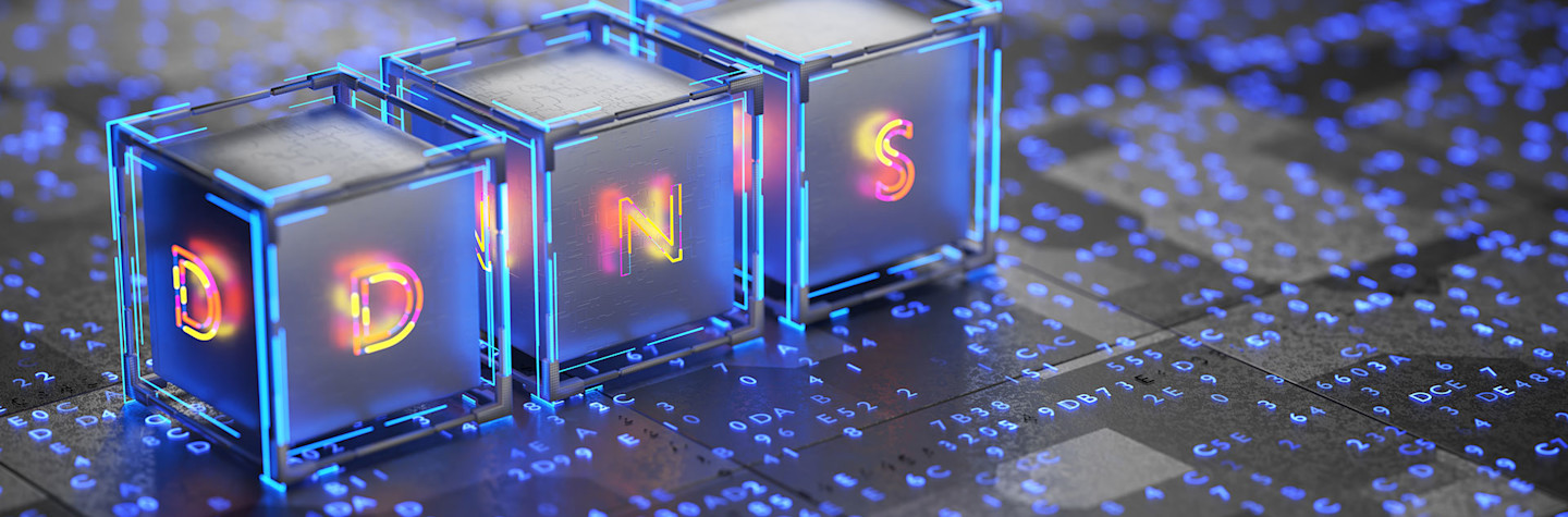 Illuminated cubes with the letters DNA in a futuristic environment