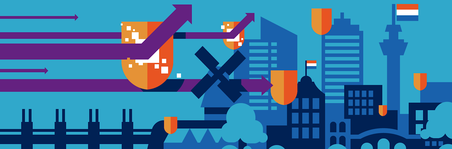 Illustratie van skyline van Nederland afgeschermd met een schild dat digitale aanvallen op Nederland afweert.