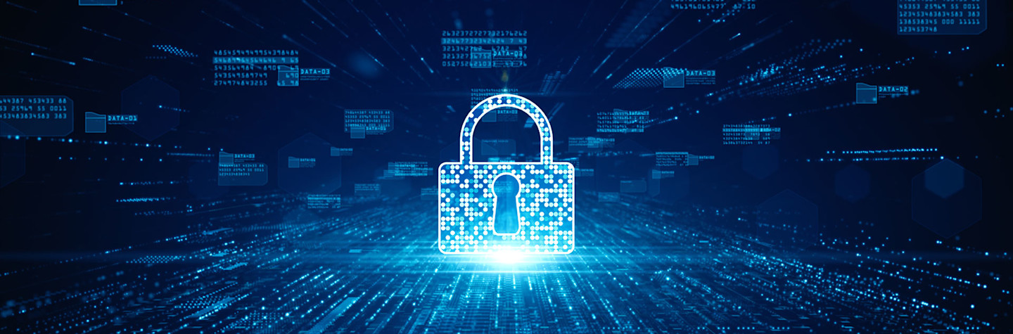 Digitized padlock in blue colored futuristic space