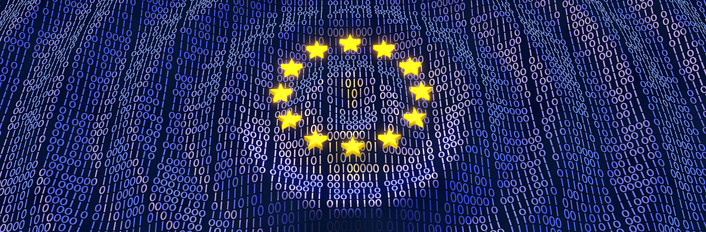 The European Union flag displayed in a wavy binary sea made up of ones and zeros.