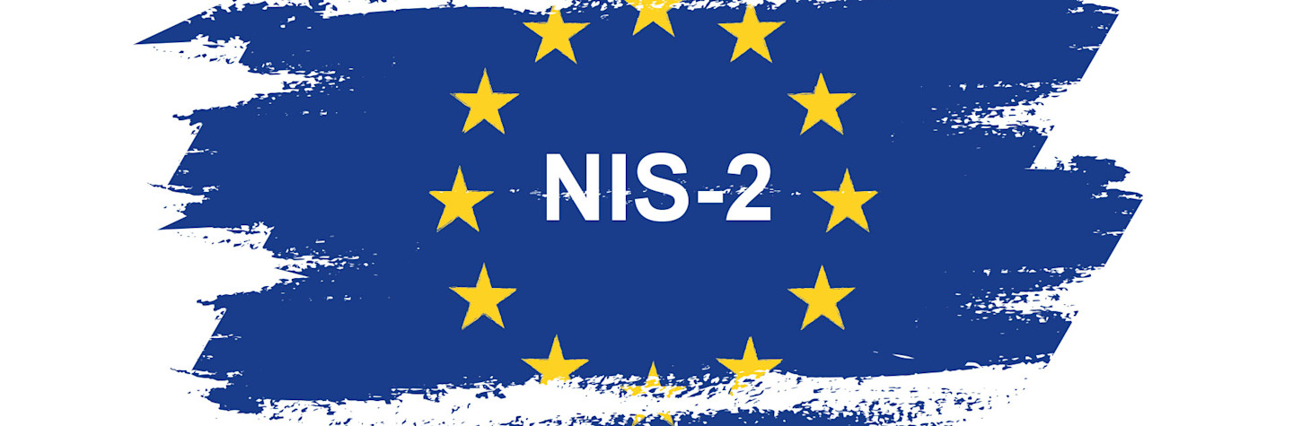 Background of blue brushstrokes with the 12 yellow stars of the European Union and the abbreviation NIS-2 in it.
