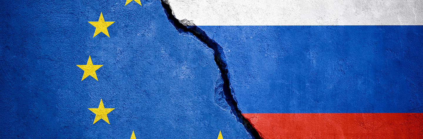 Combination of the flag of the European Union and of the Russian Federation.