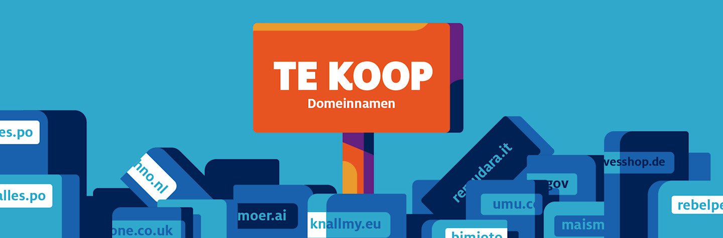 Illustratie van een bord met daarop de tekst 'TE KOOP Domeinnamen'.