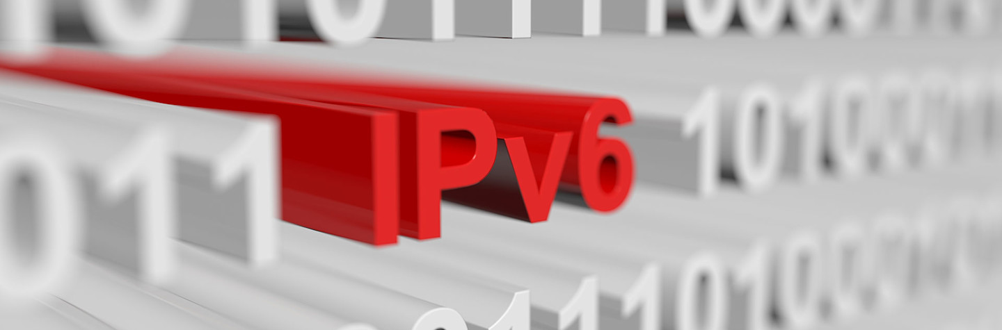 The abbreviation IPv6 in red amidst white binary code