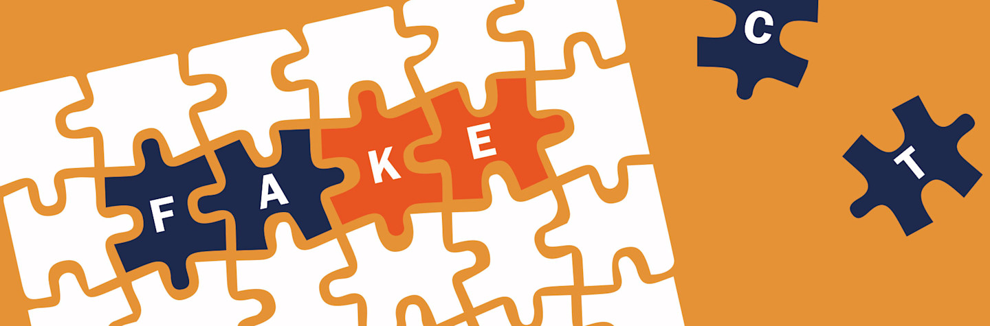 Illustratie van een puzzel met het woord FAKE erin. Ernaast liggen 2 puzzelstukjes met de letters C en T erop, zodat het woord FACT gevormd kan worden.