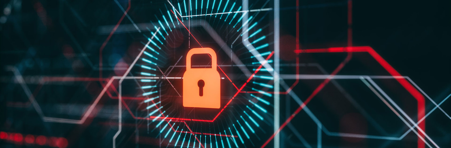 Red digital padlock in a digital environment - Cyber security concept