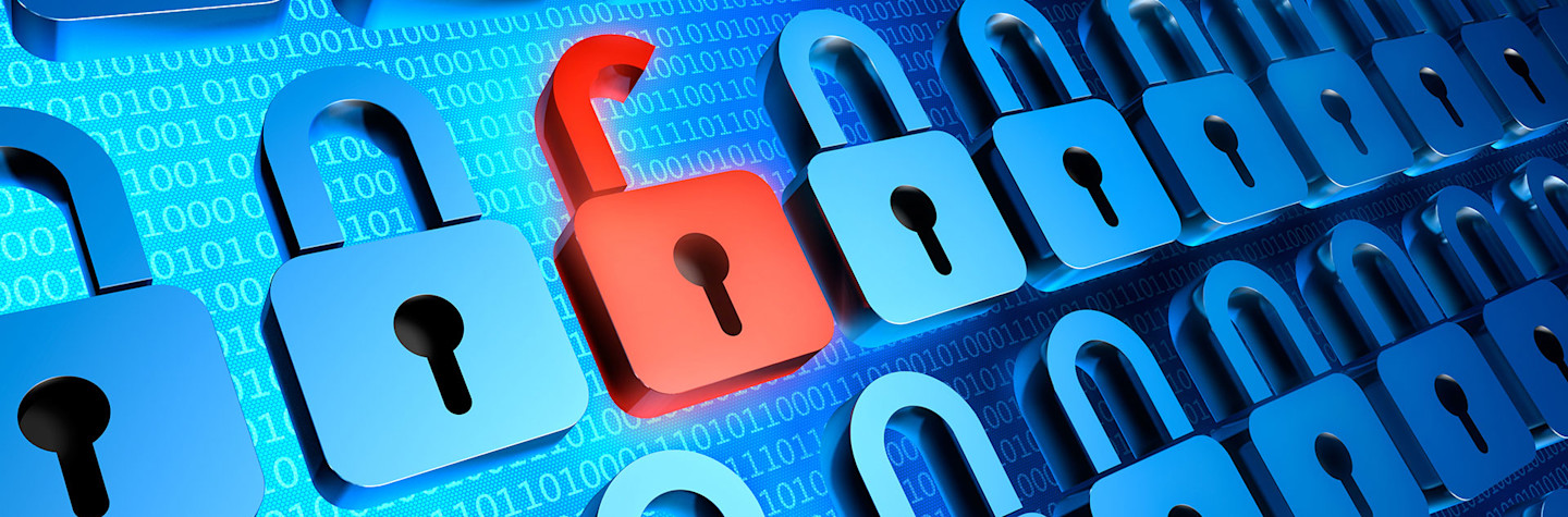 Cybersecurityconcept bestaande uit meerdere blauwe gesloten digitale hangsloten en 1 rood geopend hangslot