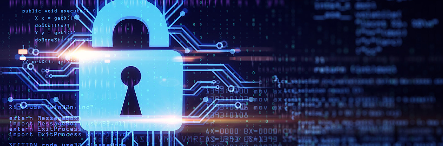 Digital padlock against a binary code background
