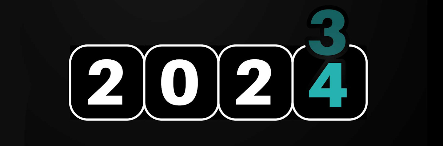 Een digitale teller die doorrolt van 2023 naar 2024.