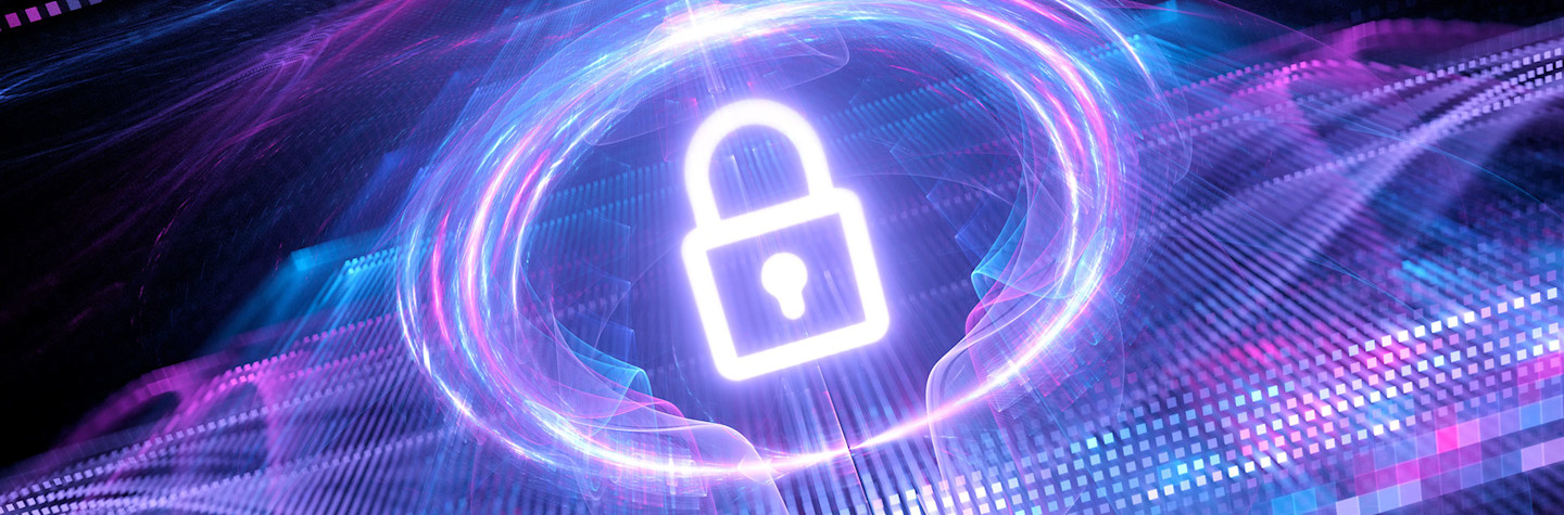Concept voor kwantum-encryptie in de vorm van een neongekleurde gedigitaliseerd hangslot in een futuristische omgeving.