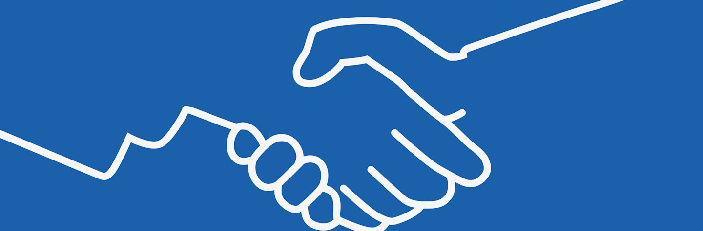 White line illustration of shaking hands on a blue background