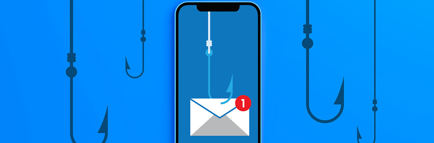 Smartphone with an email icon on the screen with a fishing hook through it.
