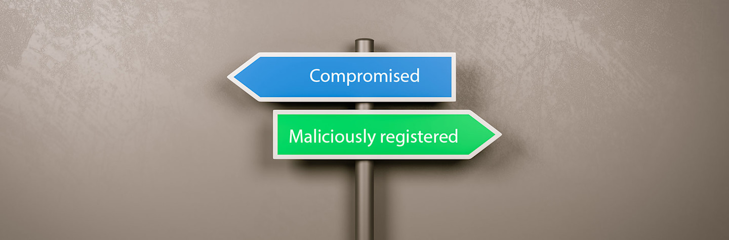 2 signposts, one of which points to the left (Compromised) and one to the right (Mailiciously registered)
