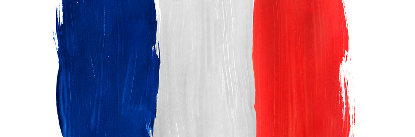 French flag made up of 3 vertical paint stripes in blue, white and red