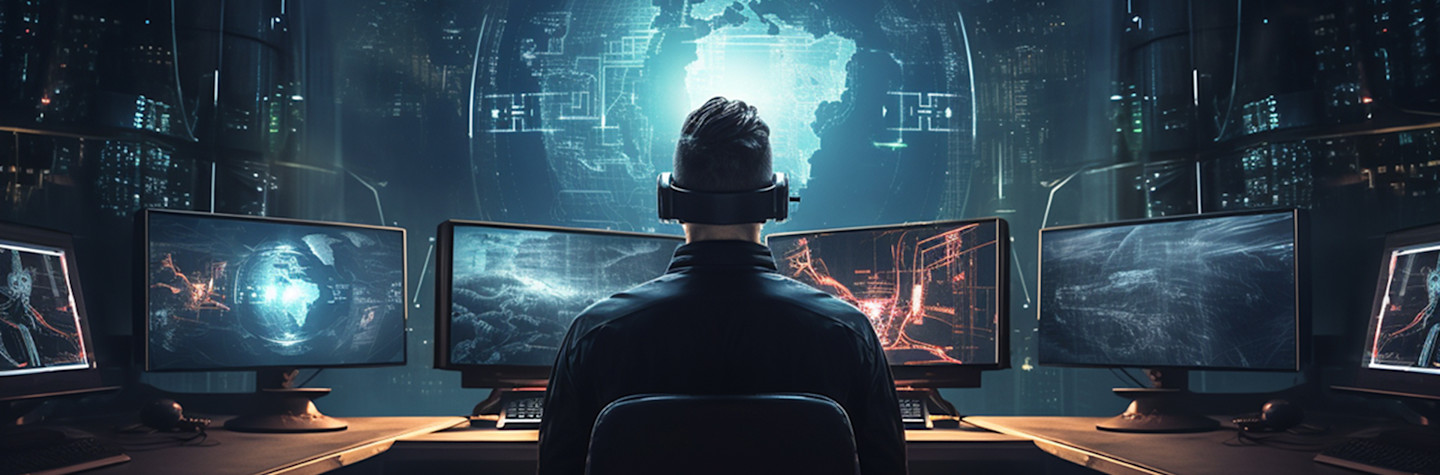Visualization of a malicious hacker sitting behind a series of monitors. The image was created with Midjourney.