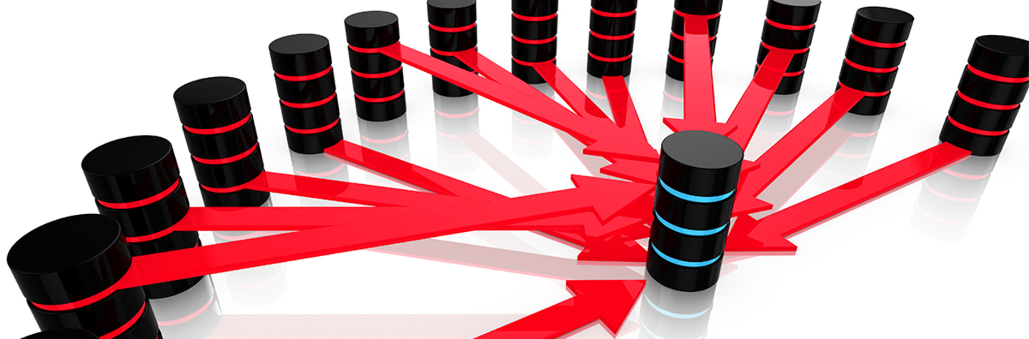 3D illustration of multiple malicious servers in red attacking one server in blue (denial of service concept)