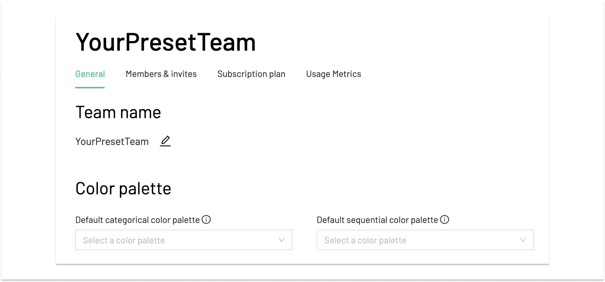 Team configuration with default palette menus