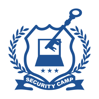 scamp logo 青 背景白