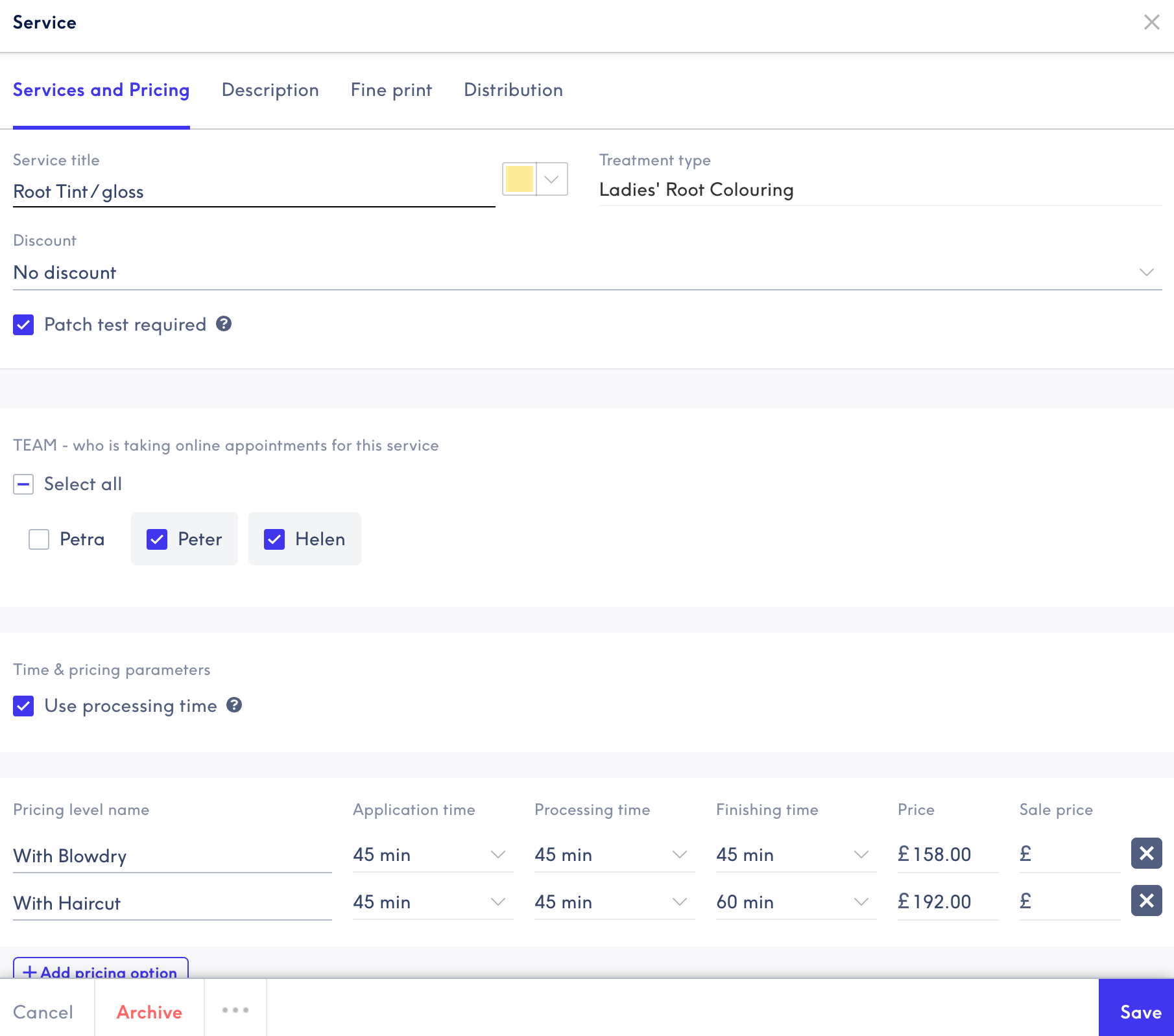 Image of Treatwell Menu page