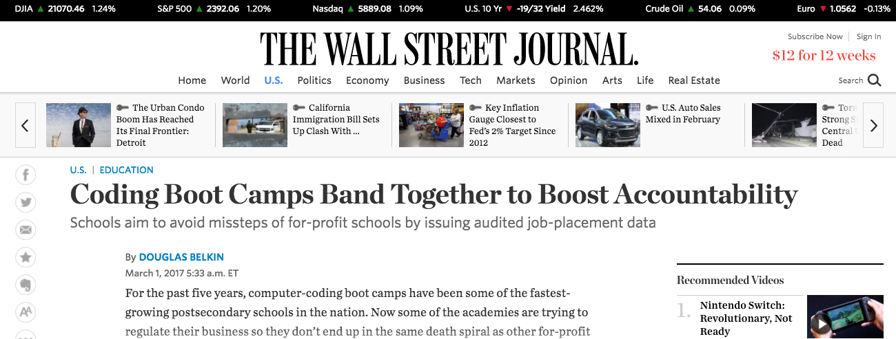 Wall Street Journal reports on the changes in bootcamp reporting transparency.