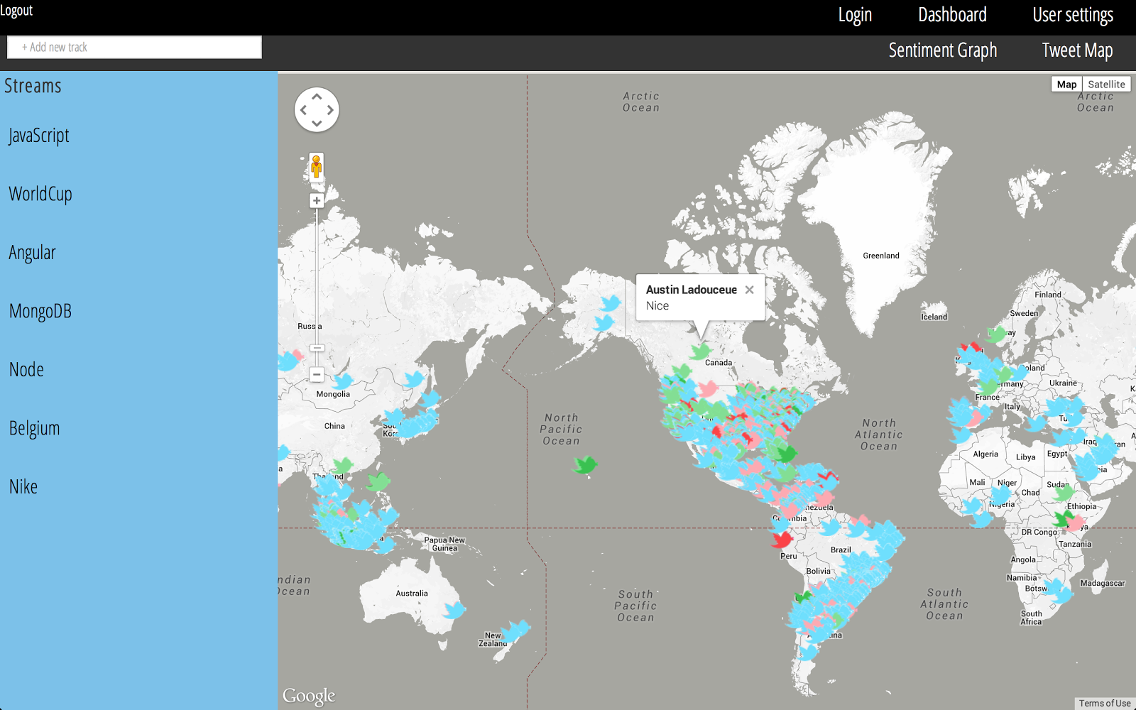 The map is color coded by sentiment, showing reactions to the World Cup.
