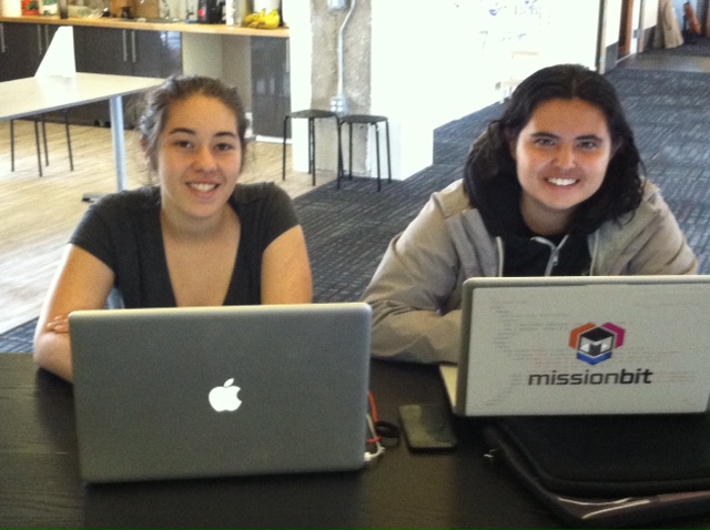 Mission Bit interns Gisela (left) and Dulce during their first day at Hack Reactor