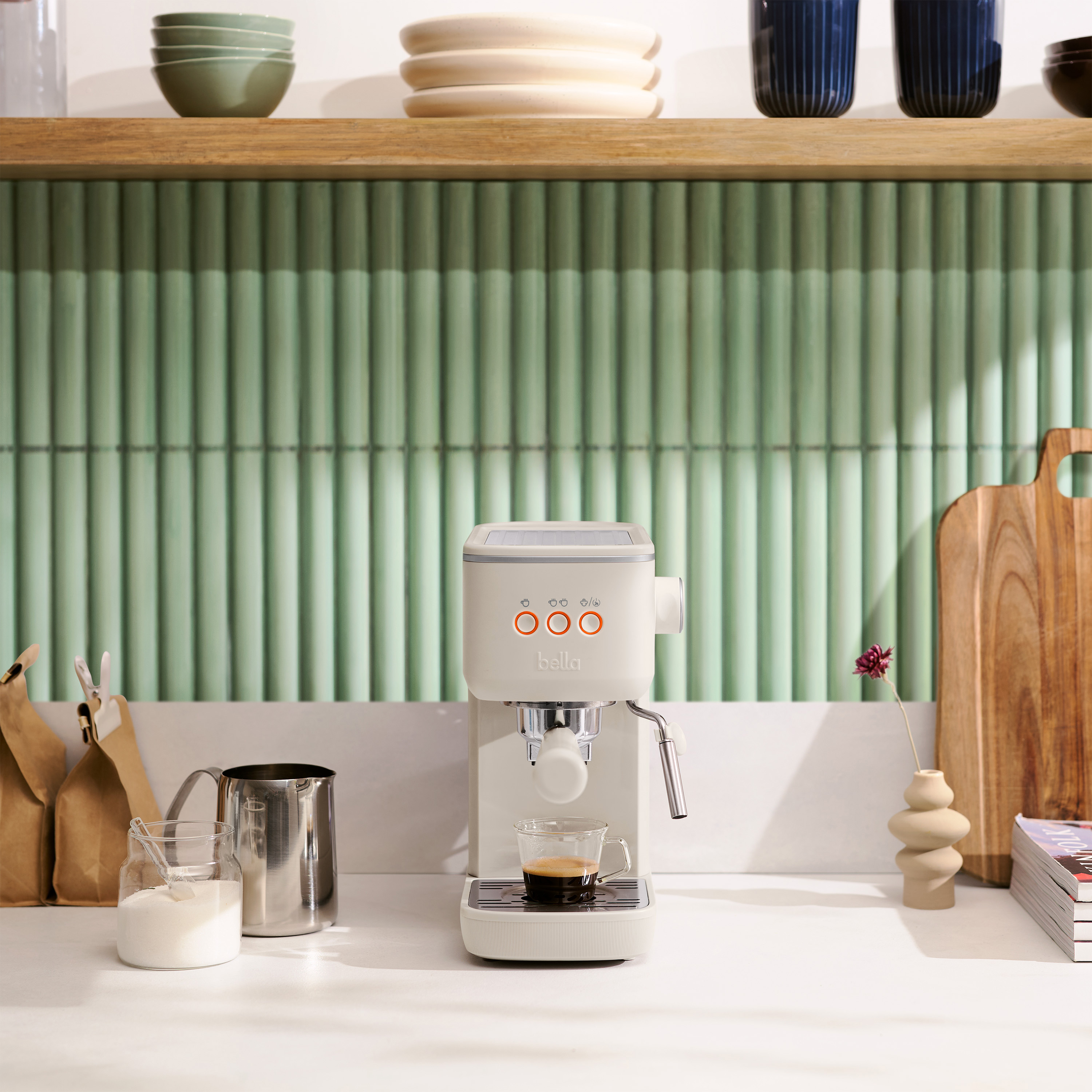 Espresso machine sitting on counter.