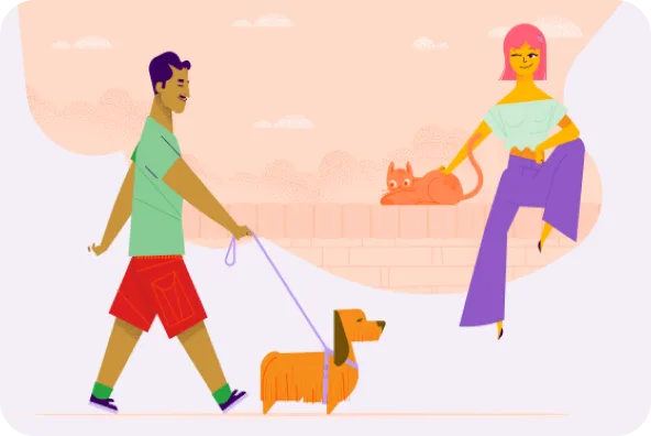 Un hombre paseando a su perro junto a una mujer acariciando a su gato.