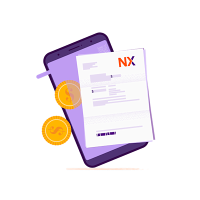 Monedas y resumen de cuenta sobre un teléfono celular.