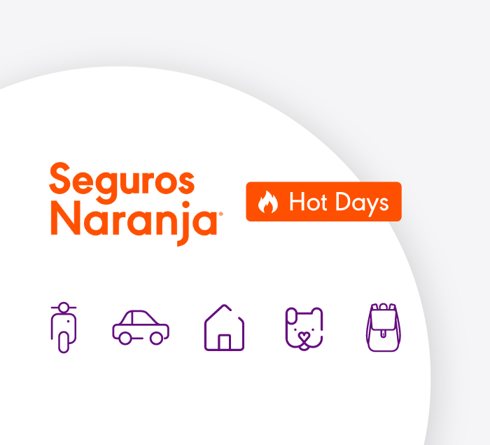 Seguros Naranja - Hot Days - ícono de moto, auto, hogar, mascotas y bolso