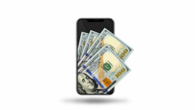 Celular con billetes de dólar que salen de la pantalla