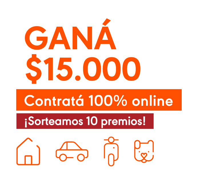 Ganá $15.000. Contratá 100% online. ¡Sorteamos 10 premios! Íconos de hogar, auto, moto y perro