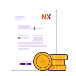 Factura NX junto a pila de monedas.