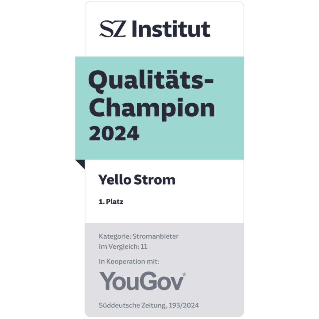 Yello ist SZ Qualitäts-Champion bei den Stromversorgern 2024 Testsiegel von SZ  Platz 1 als Qualitäts-Champion für Yello.