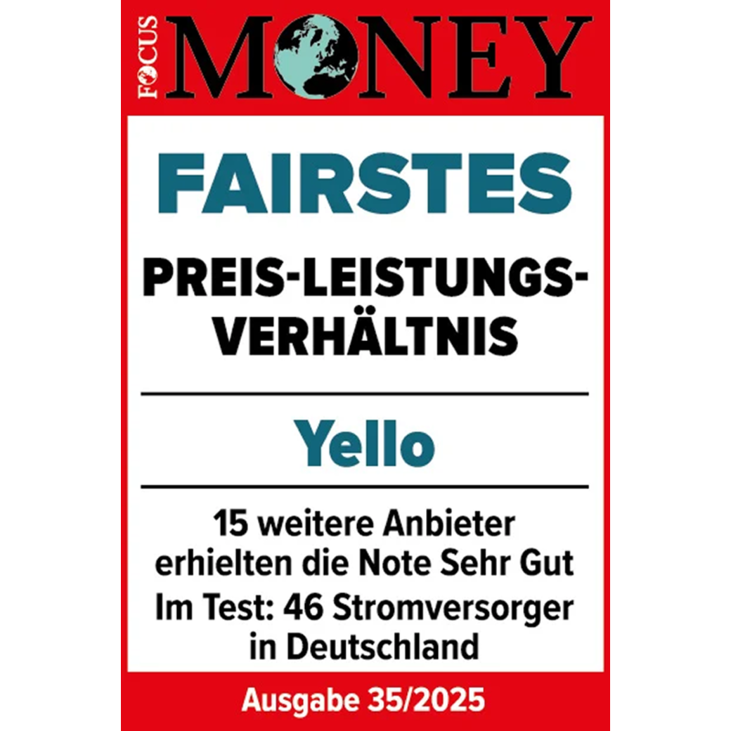 Focus Money fairster Stromversorger Preis-/ Leistungsverhältnis 2025 Siegel: Focus Money fairster Stromversorger Preis-/ Leistungsverhältnis 2025.