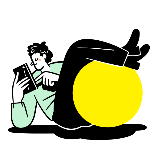 Nein, ich bin noch kein:e Yello Kund:in. Illustration eines Mannes auf einem Sitzball mit einem Handy in der Hand.